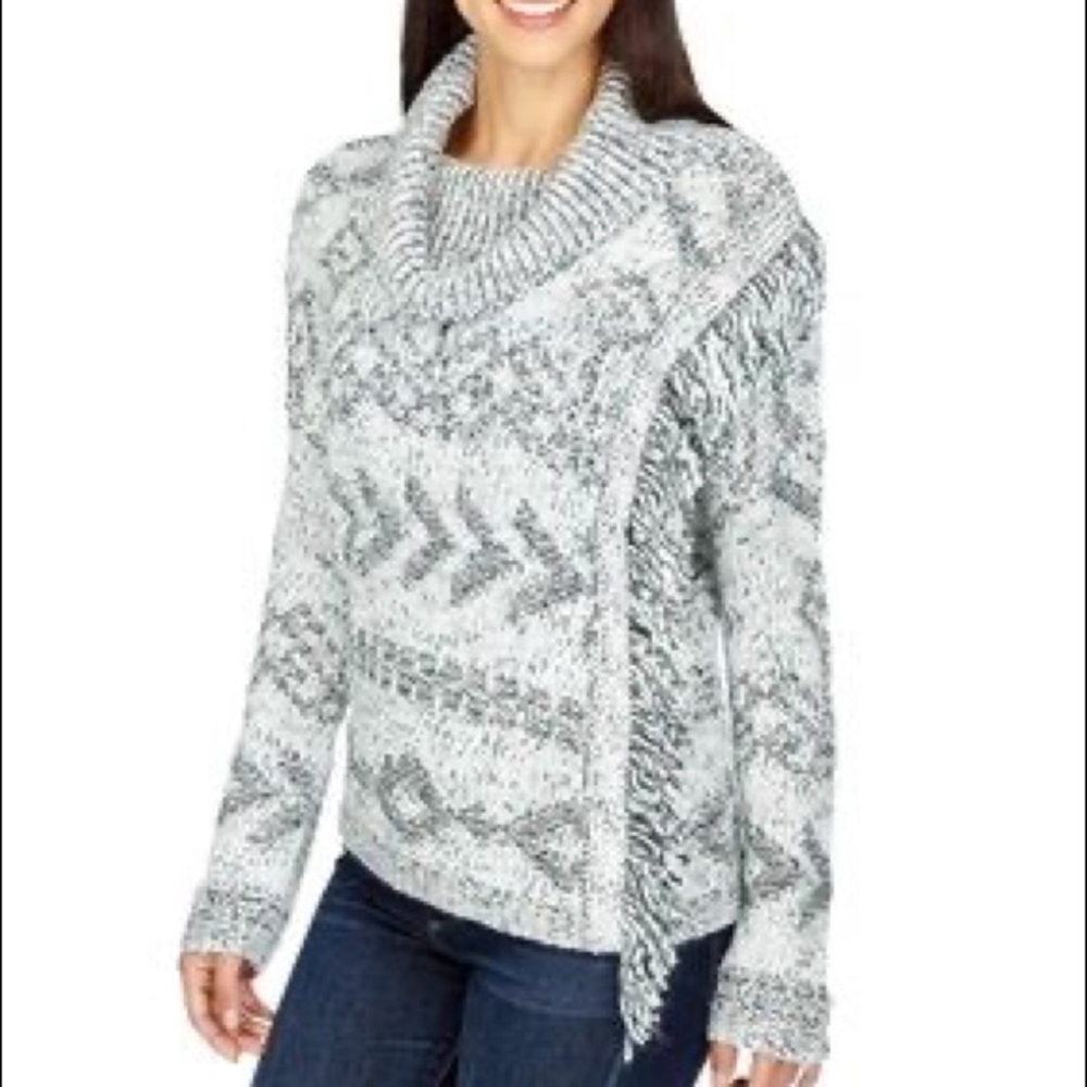 NWT Lucky Brand Gray Tribal Cowl Neck Sweater with Tassel Fringe Women's…